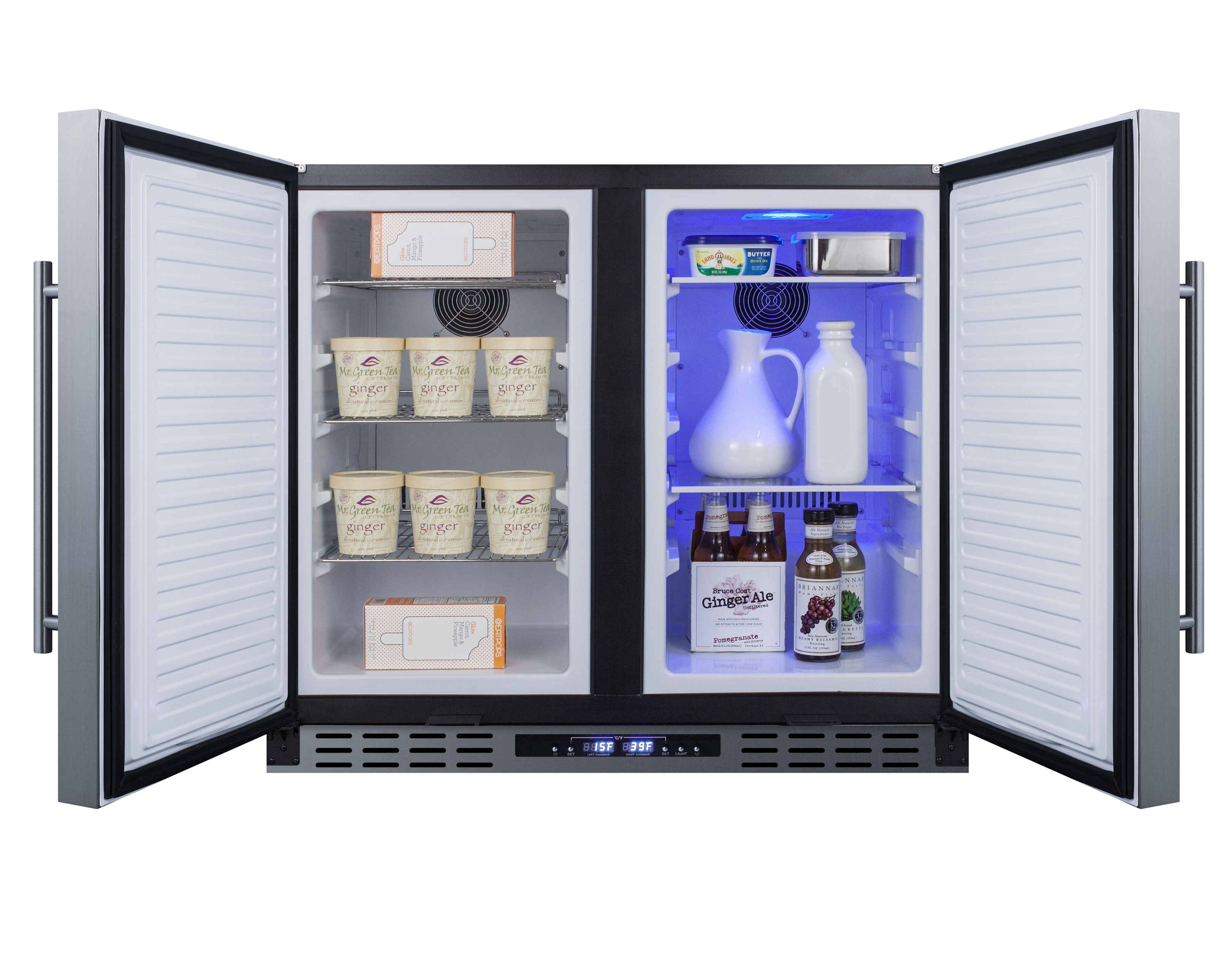 ADA compliant, commercially approved, frost-free, side-by-side refrigerator-freezer for built-in or freestanding use with two stainless steel doors, black cabinet, front-placed digital controls, and front locks